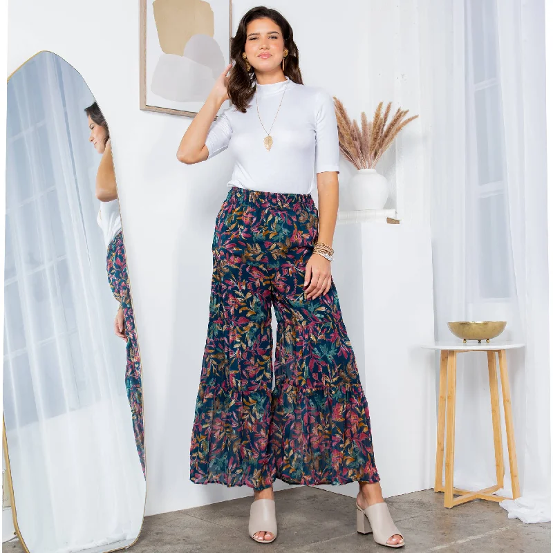YOUNG THREADS - Batik Bohemian: Flared and Gathered 4-Tiered Pants Relaxed Linen Pants