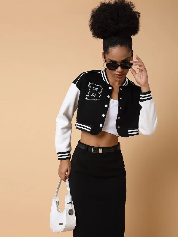 Women Black Crop Varsity Jacket-921-Black Stand-Up Collar Roll-Neck Collar Turtle Neck