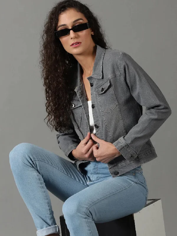 Women's Grey Solid Denim Jacket-AE-9501-Grey Zippered Front Buttoned Front Snap Front