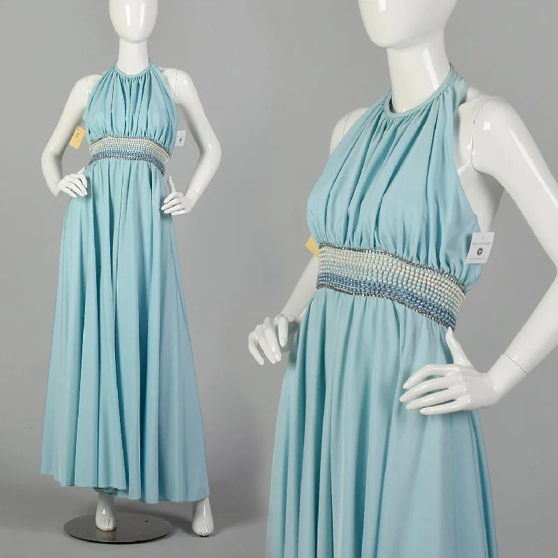 XXS 1960s Jumpsuit Baby Blue Palazzo Wide Leg Pants Halter Top Beaded Evening Elegant Palazzo Trousers