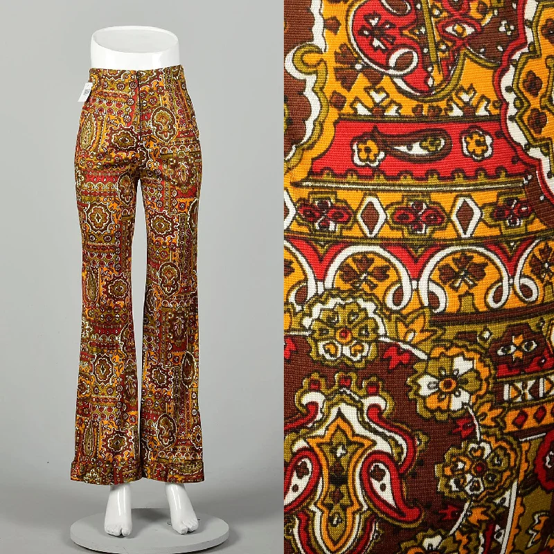 Small 1970s High Rise Pants Psychedelic Bohemian Bell Bottoms Soft Wool Pants