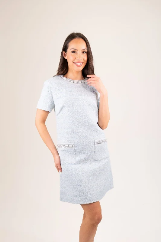 Nadia Embellished Trim Dress In Sky Blue