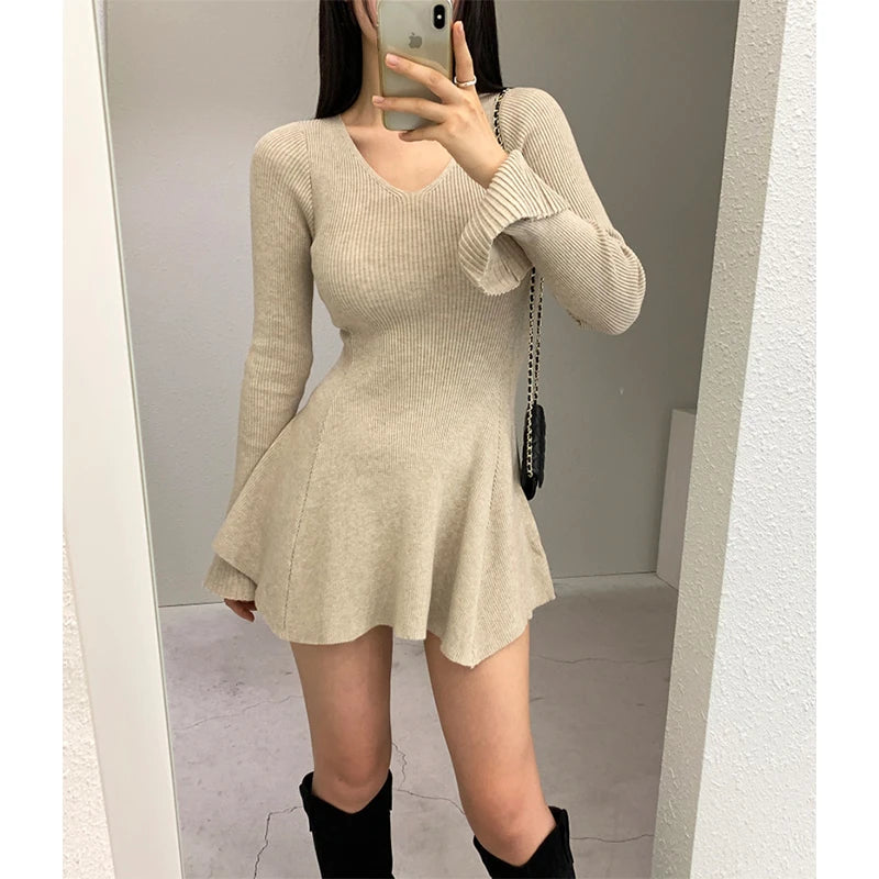 GETADME Black Knitted Mini Dress Women Fashion Sexy V Neck Sweater Dresses Fall Winter Korean Flare Long Sleeve Bodycon Vestidos New Zippered Front Buttoned Front Snap Front