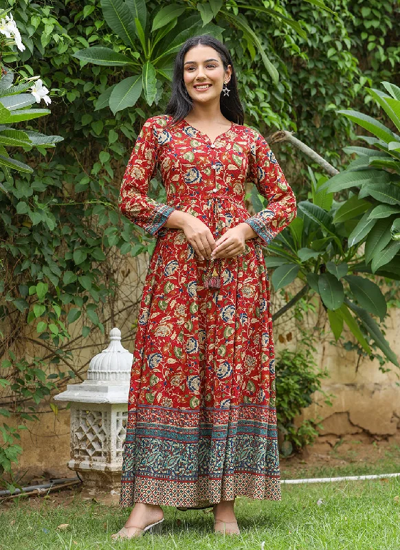 Kaajh Women's Maroon Kalamkari Print Viscose Rayon Anarkali Dress