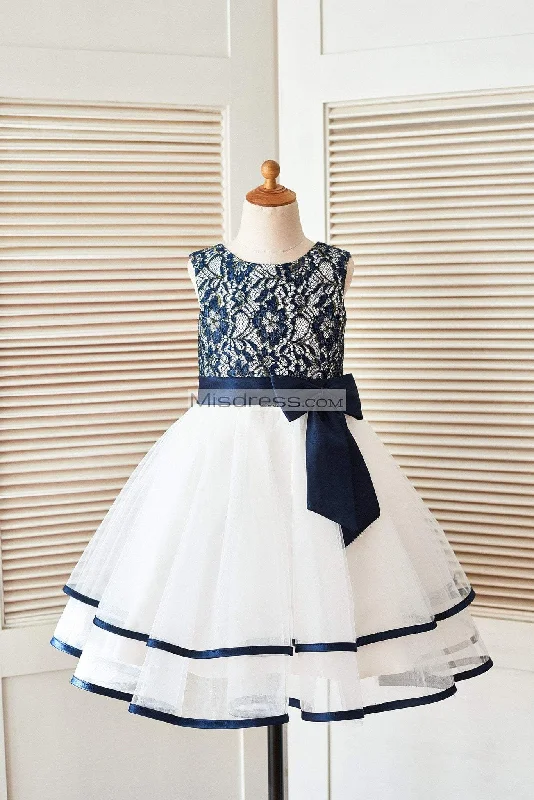 Navy Blue Gold Lace Ivory Tulle Cupcake Wedding Flower Girl Dress