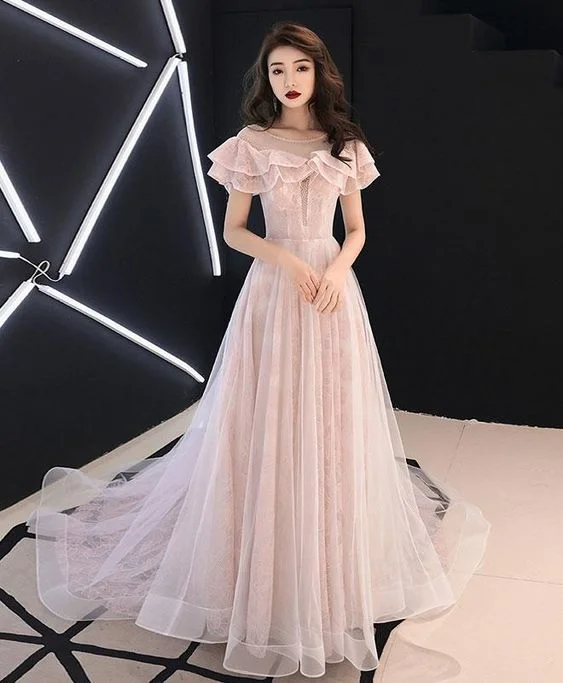 Pink round neck tulle lace long prom dress, pink evening dress cg5511