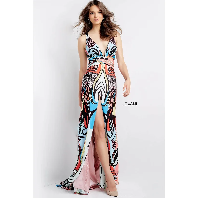 Jovani Print Plunging Neck Prom Dress 04986