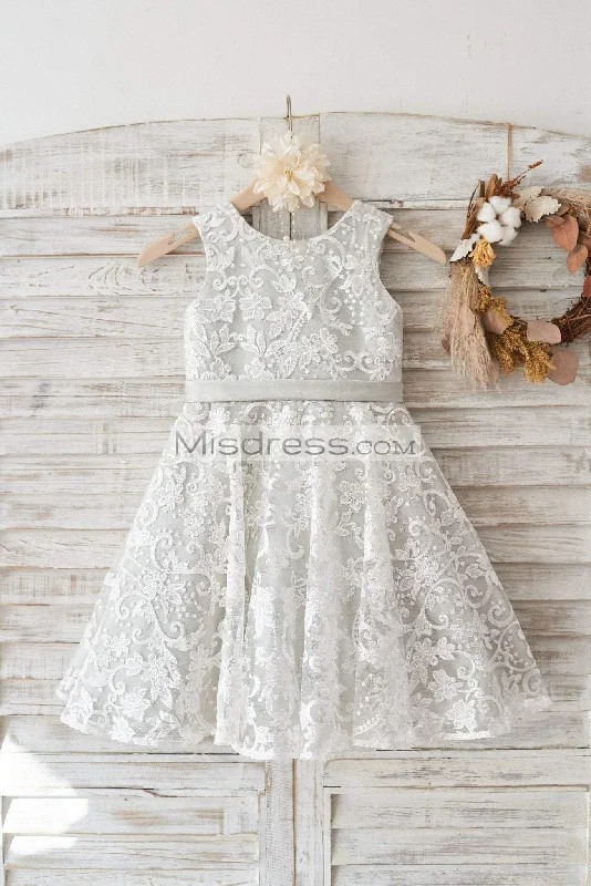 Ivory Lace Silver Lining Deep V Back Wedding Flower Girl Dress, Bow