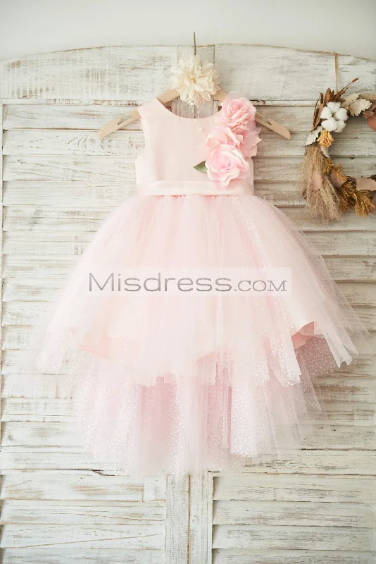 Hi-low Pink Polka Dot Tulle Sleeveless Wedding Flower Girl Dress, 3D Flowers