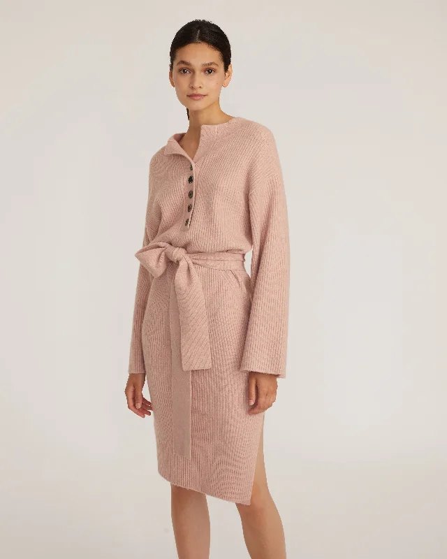 Arie Ribbed Cashmere Blend Henley Midi Sweater Dress Polka Dot Checkered Tartan