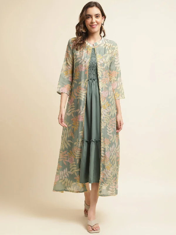 Green Cotton Solid Flared Dress with Printed Shrug - Yukti