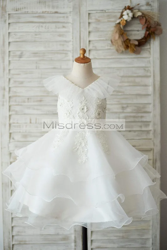 Cupcake V Neck Ivory Lace Organza Wedding Flower Girl Dress, Beading