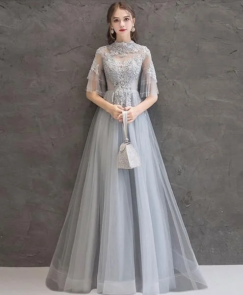 Gray lace tulle long prom dress gray tulle lace formal dress cg5153