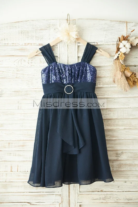 Boho Beach Navy Blue Sequin Chiffon Straps Wedding Flower Girl Dress