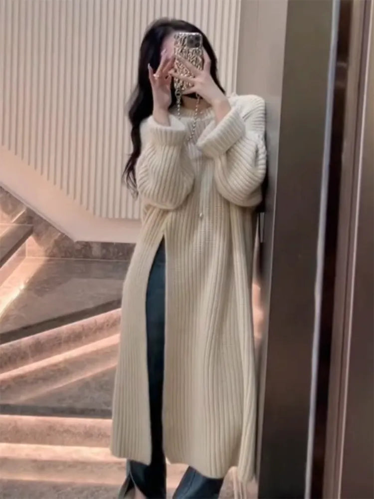 Getadme European Elegant High Waist Split New Chic Unique Beautiful Knitted Sweater Dress Women Autumn Winter Sweater Outer Dresses Boxy Sweater Fitted Sweater A-Line