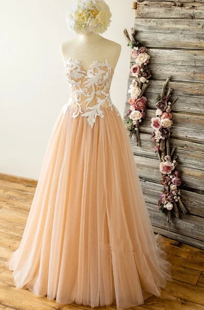 CHAMPAGNE TULLE SWEETHEART LACE LONG PROM DRESS TULLE FORMAL DRESS cg5133