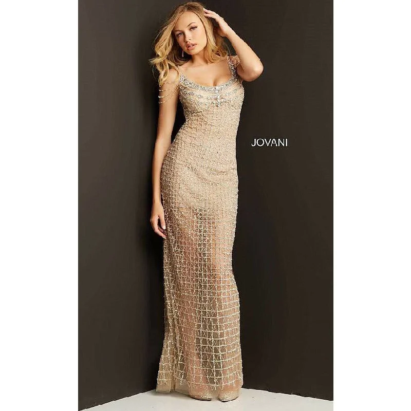 Jovani 05997 Nude Silver Beaded Sheer Prom Dress