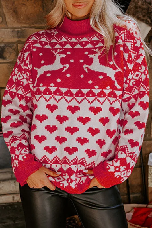 Merry Christmas Reindeer Heart Pattern High Neck Sweater Wool Sweater Cotton Sweater Cashmere Sweater