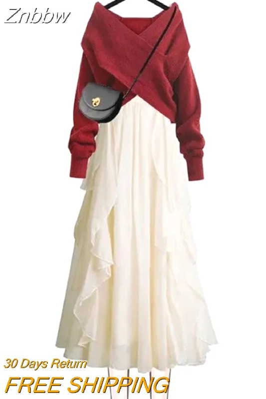 Znbbw Women Dress Suit Autumn Slim Long Sleeve Long Dresses V-neck Knit Sweater Dress Two-piece Suit Elegant Vestidos Clothes Terry Blend Velvet Blend Canvas Blend