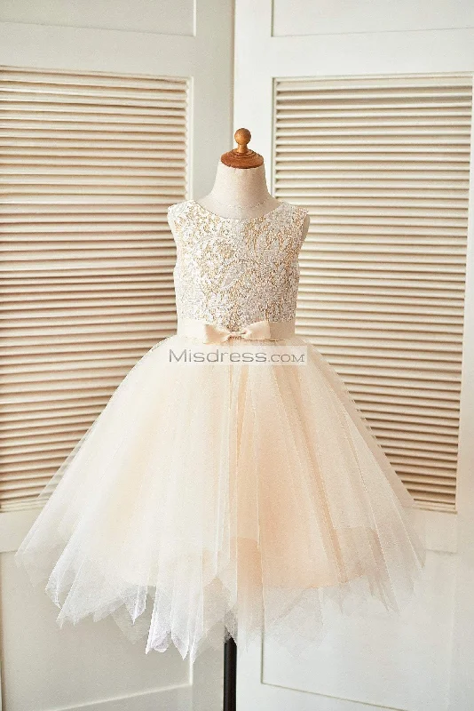 Champagne Lace Tulle Wedding Flower Girl Dress, Uneven Tulle Hem