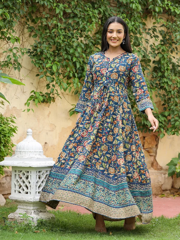 Kaajh Women's Blue Kalamkari Print Viscose Rayon Anarkali Dress