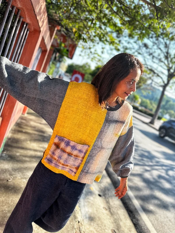 Yellow Hemp sweater Hooded Sweater Collared Sweater Shawl Collar