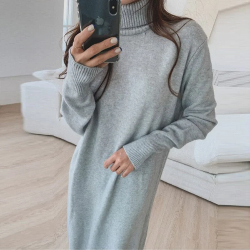 Getadme-Black Turtleneck Long Woolen Dress Women Autumn Winter Turtleneck Oversized Sweater Dresses Women Clothing Chic Knitwear Modern Contemporary Chic