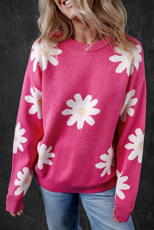 Daisy Flower Crew Neck Long Sleeve Sweater Terry Terry Cloth Terry Knit