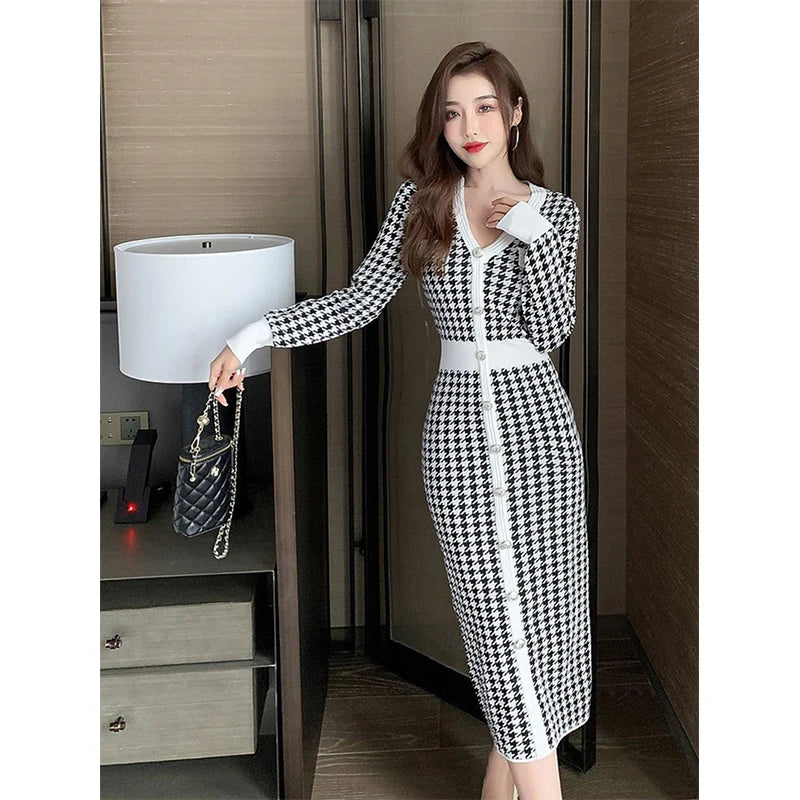 Znbbw Plaid Knitted Midi Dress Women Bird Lattice Sweater A Line Dresses Korean Elegant V Neck Patchwork Bodycon Vestidos New Embroidered Appliqued Beaded