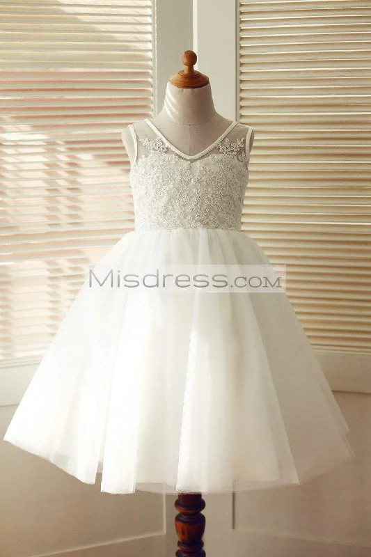 Princess V Back Ivory Lace Tulle Sleeveless Wedding Flower Girl Dress