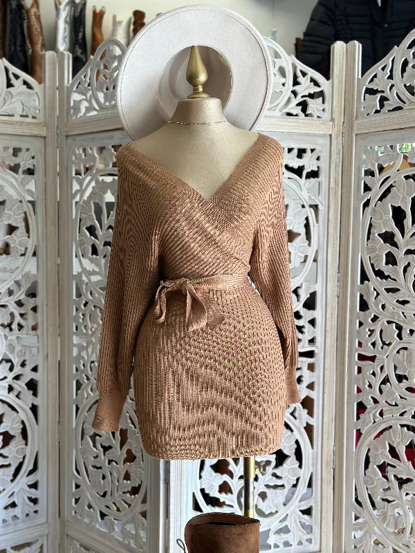 Camel Brown Wrapped Sweater Dress with Belt Wool Fabric Cashmere Fabric Tweed Fabric