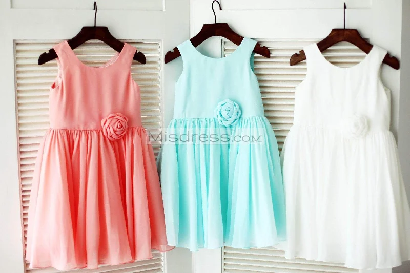 Coral\Mint Blue\Ivory Chiffon Wedding Flower Girl Dress, Flower