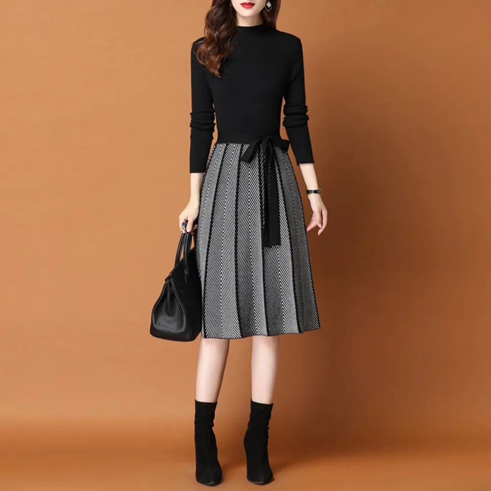 SMTHMA Vintage Elegant Knitted Sweater Pleated Dresses New Winter Women Long Sleeve Office Lady Casual Midi Vestido Da Festa Lace Blend Ribbed Blend Corduroy Blend