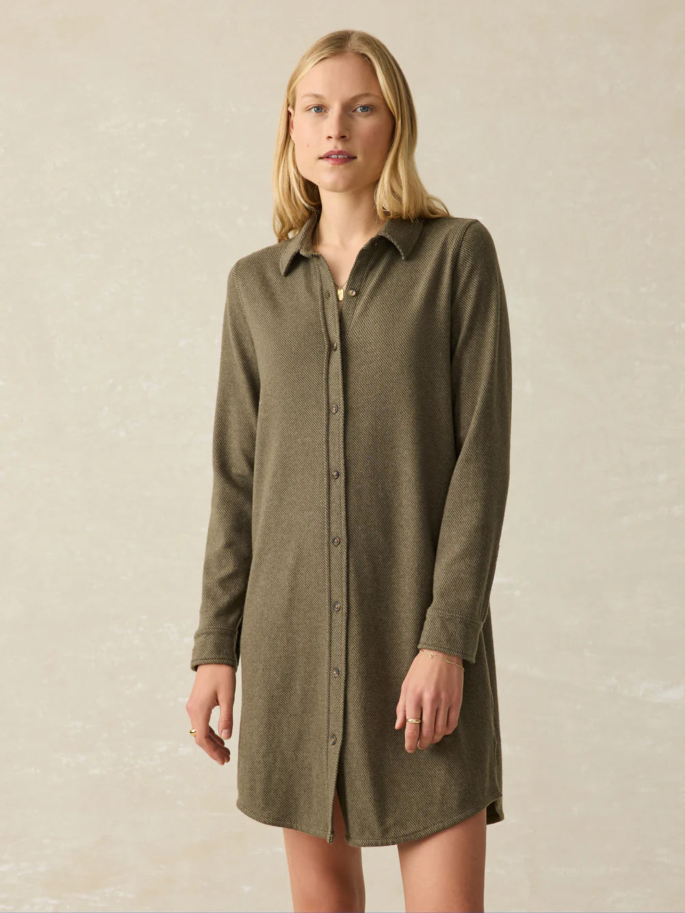 Faherty | Legend Sweater Dress -  Olive Melange Twill Polka Dot Checkered Tartan