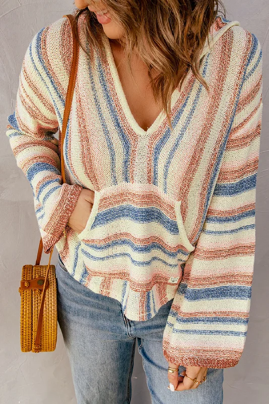 Striped Knit Kangaroo Pocket Hooded Sweater Glossy Satin Silk