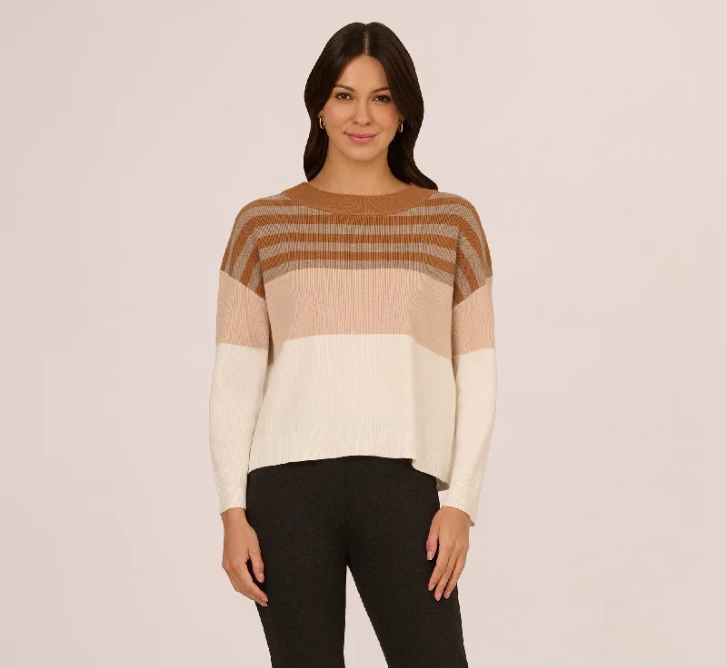 Drop Shoulder Boat Neck Color Blocked Sweater In Camel Ht Oatmeal Block Multi Elegant Classic Vintage