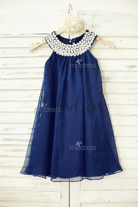 Boho Beach Navy Blue Chiffon Beaded Neckline Flower Girl Dress