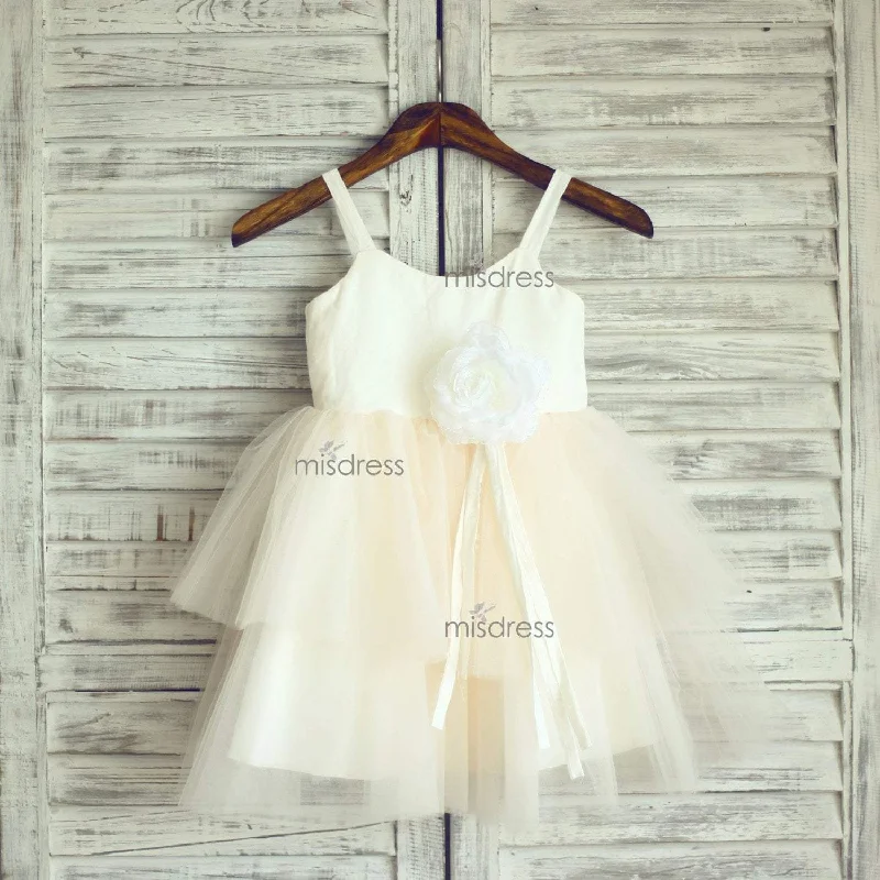Ivory Cotton Champagne Tulle Straps Cupcake Flower Girl Dress