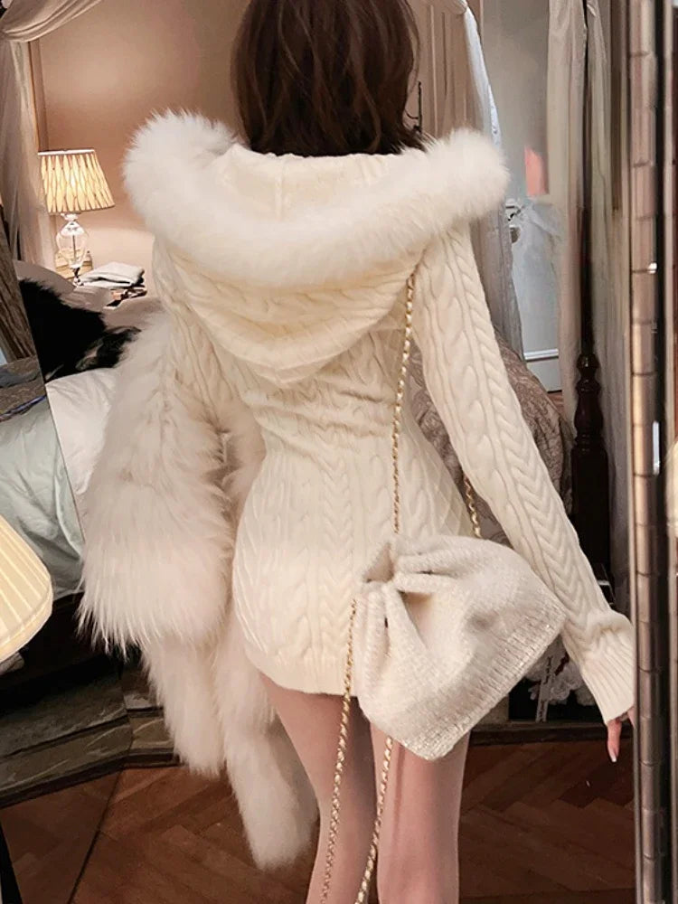 GETADME 2025 Winter Knitted Sweater Dress with Hooded Women Slim Bodycon Y2k Mini Dress Faux Fur Female One Piece Dress Korean Elegant Tailored Straight A-Line