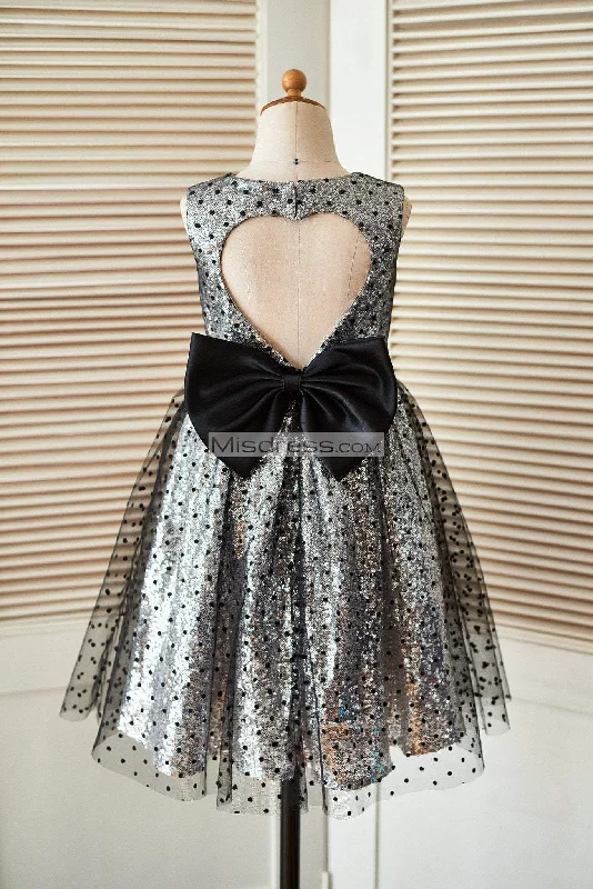 Silver Sequin Black Polka Dot Tulle Keyhole Back Wedding Flower Girl Dress