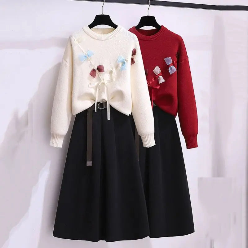 GETADME Women's Dresses Suits 2025 Spring Autumn Korean Elegant Fashion Round Neck Knitted Pollvers Sweater Half Skirt Two Piece Set Boxy Sweater Fitted Sweater A-Line