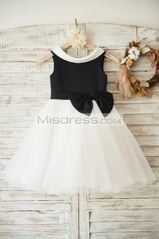 Black Satin Ivory Tulle V Back Sleeveless Wedding Flower Girl Dress