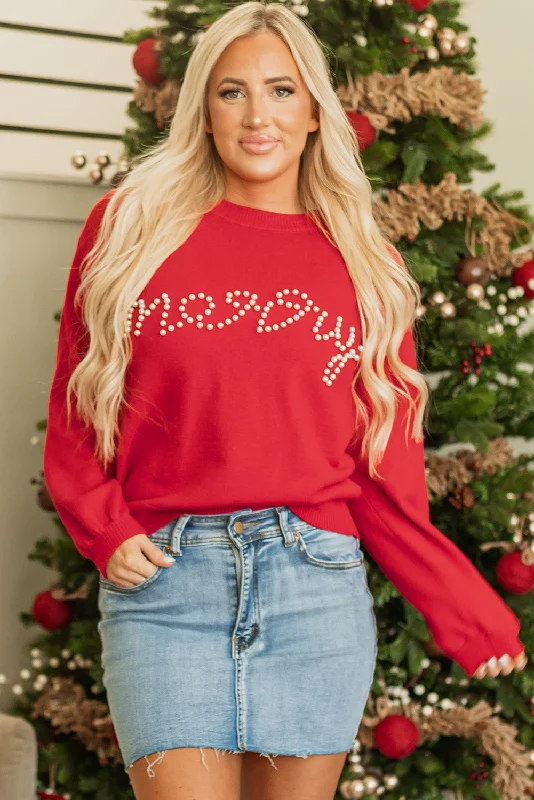 Pearl Beaded Merry Casual Sweater Chenille Blend Fleece Blend Nylon Blend
