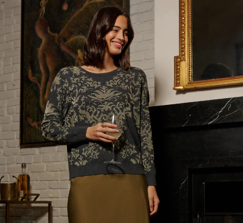 Drop Shoulder Metallic Knit Sweater In Slate Grey Gold Casual Formal Business