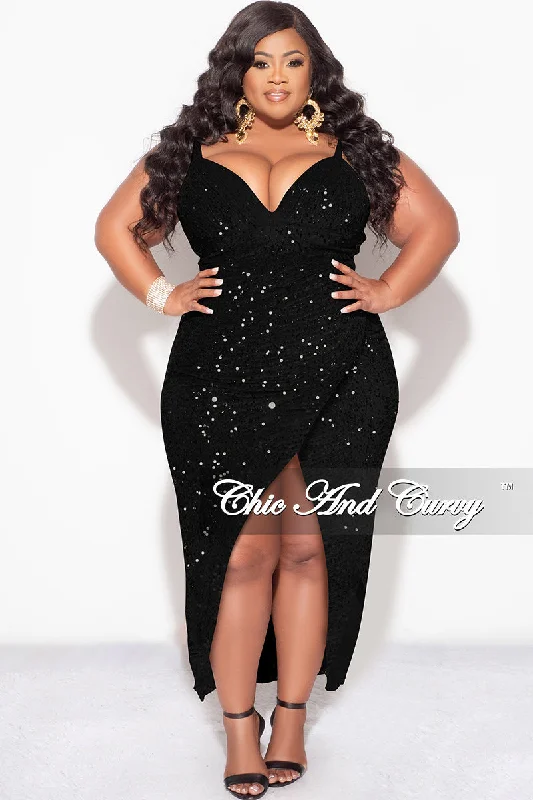 Final Sale Plus Size Sleeveless Velvet Sequin Dress with Side Slit in Black