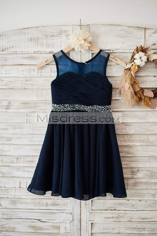 Sheer Neck Navy Blue Chiffon Wedding Flower Girl Dress, Beaded Belt