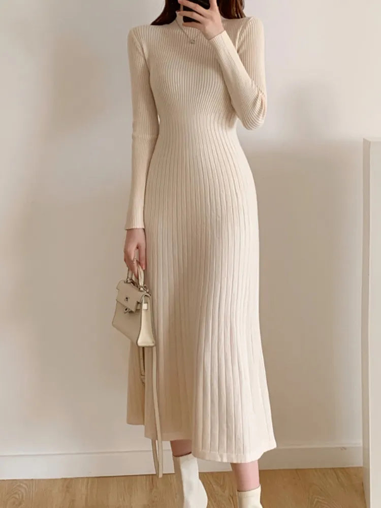 Getadme Autumn Winter Slim Long Sleeve Party Midi Dress for Women Knitted Half High Collar Elegant Knitted Sweater Dresses Ladies Cotton Fabric Linen Fabric Terry Fabric