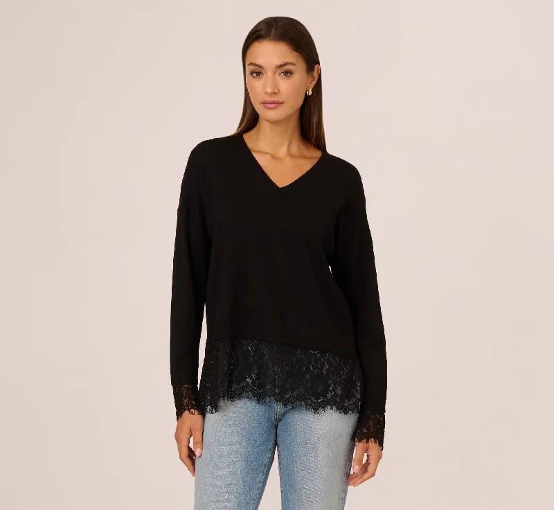 V Neck Lace Combo Twofer Sweater In Black Oversized Loose Flowy