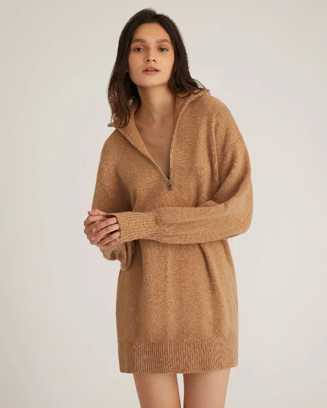 Wesley Slouchy Zip Front Cashmere Blend Sweater Dress in Camel Terry Blend Velvet Blend Canvas Blend