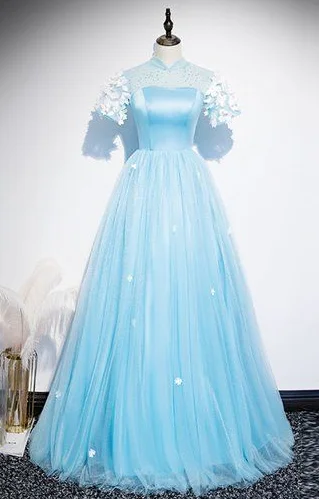 Fresh Blue Tulle Satin Short Sleeve Long Senior Prom Dress, Formal Dress cg5450